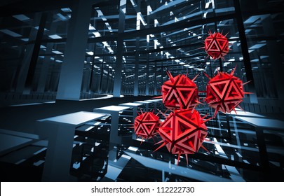 Computer Virus Illustration With Red Sharp Objects In The Dark Blue Digital Tunnel. 3d Render Background