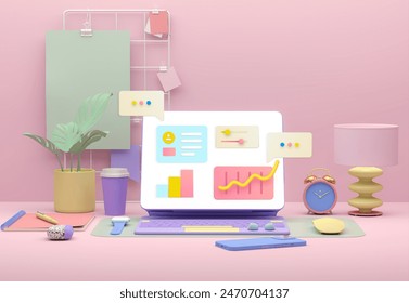 Computer white screen chat or comment Social media online concept with show SMS, message, communicate digitally minimal on pastel background, banner, website. 3d rendering - Powered by Shutterstock