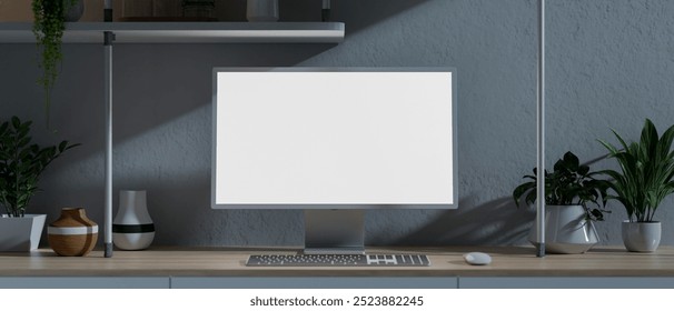 A computer with a white screen mockup is placed on a minimalist table against a white wall in a dark room, creating a workspace or office ambiance at night. 3d render, 3d illustration