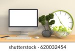 computer with white screen on office table. 3D illustration