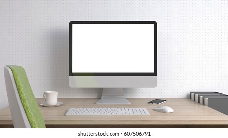 Computer White Screen On Office Table Stock Illustration 607506791 