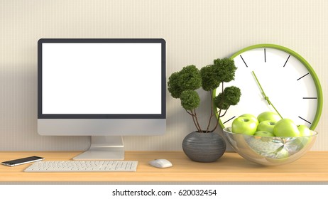 computer with white screen on office table. 3D illustration
