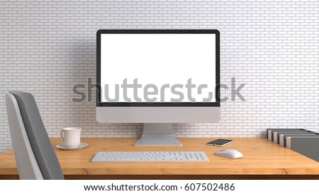 computer with white screen on office table. 3D illustration
