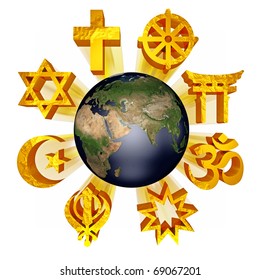 Computer-generated 3D graphic illustration depicting the planet Earth and religious faith symbols