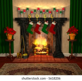 Computer-generated 3D illustration depicting a holiday-decorated fireplace