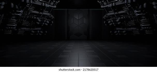 Computerized Cyber Hall Studio Cyber Future Stage Corridor Phantom Grey Banner Background Wallpaper 3D Rendering