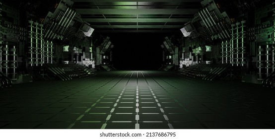 Computerized Inter Galactic Digital Tunnel Hangar Club Hallway Club Neon Black 3D Illustration