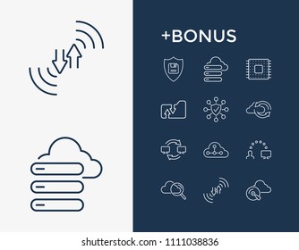 Computing Icon Set And Network Folder With Data Migration, Cloud Search And Backup. Cloud Technology Related Computing Icon  For Web UI Logo Design.