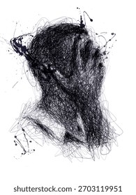 Concealed Emotions — Abstract scribble portrait of a hidden face created with chaotic ink lines and dark splatter strokes, capturing stress, anxiety, and expressive modern art energy.