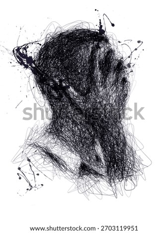 Concealed Emotions — Abstract scribble portrait of a hidden face created with chaotic ink lines and dark splatter strokes, capturing stress, anxiety, and expressive modern art energy.