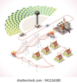 Concentrating Solar Power Systems CSP Plant Farms Isometric Electric Power Station Electricity Grid And Energy Supply Chain.Harvesting Saving Energy Management Diagram Isometric Building Illustration 