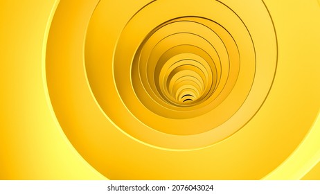 Concentric circle 3d Abstract bright background with Yellow circles chaotically twisted tubes geometry 3d illustration