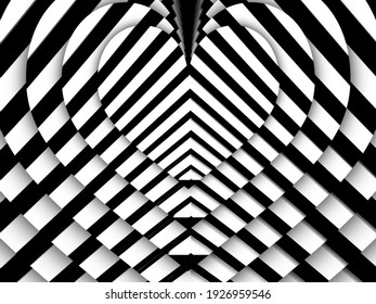 Concentric Heart Shaped Black And White Geometric Patterns 3D Illustration