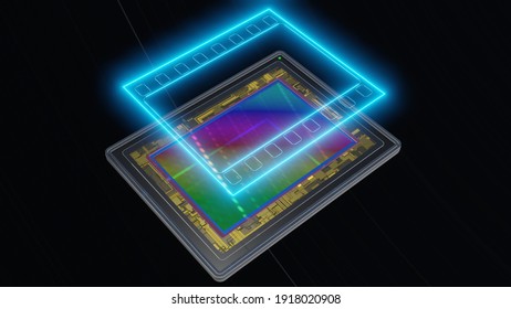 Concept of 35mm digital photography: full-frame sensor with neon glowing film contours, 3D rendering
