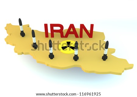Concept 3d rockets ready for launch from Iran model with nucliar logo on white background