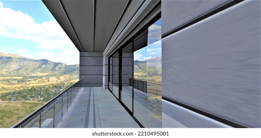 The Concept Of An Advanced Balcony With A Concrete Floor And Walls Finished With Aluminum Panels With Insulation. Glass Railing. Amazing Mountain Village Below. 3d Rendering.