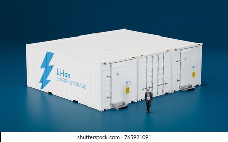 Concept Of Advanced Battery 
Energy Storage Facility Made Of Shipping Containers. 3d Rendering.