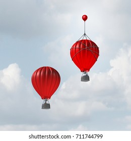 Concept Of Advantage And Competitive Edge As Two Hot Air Balloons Racing To The Top But A Leader With A Small Balloon Attached Giving The Winning Competitor A Boost With 3D Illustration Elements.