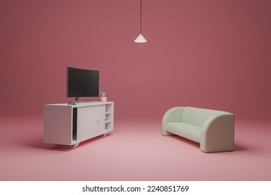 The concept of advertising a service for watching movies and TV at home, Sofa. isolate red background - 3D render - Powered by Shutterstock