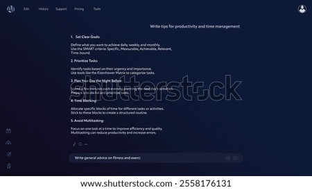 Concept of AI Chatbot Interface Generate Answer: Prompt on Productivity, Fitness Advice. AI Assistant Interaction and Practical Tips Enhancing Everyday Tasks, Personal Wellbeing.