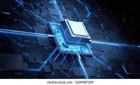 Concept animation shows the process of turning on the CPU in the motherboard. Digital pulses and signals from the chip propagate through the motherboard. 3d rendering.