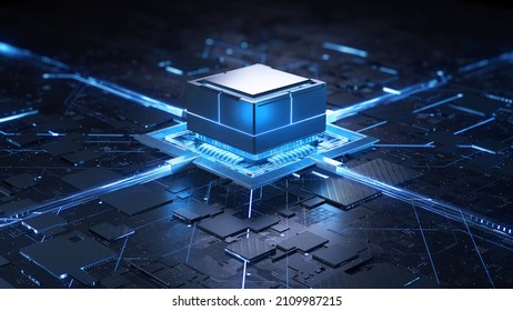 Concept animation shows the process of turning on the CPU in the motherboard. Digital pulses and signals from the chip propagate through the motherboard. 3d rendering.