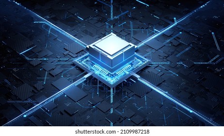Concept animation shows the process of turning on the CPU in the motherboard. Digital pulses and signals from the chip propagate through the motherboard. 3d rendering.