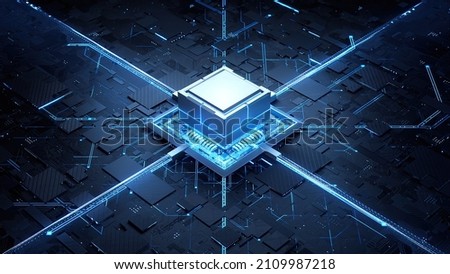 Concept animation shows the process of turning on the CPU in the motherboard. Digital pulses and signals from the chip propagate through the motherboard. 3d rendering.
