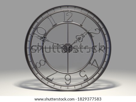 A concept antique tower clock made of an iron frame and design with a glass backing on an isolated studio background - 3D render