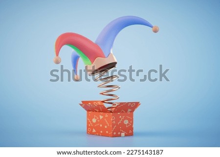 the concept of april fools' day celebrations. box with a flying spring on which the cap of the jester. 3D render. Imagine de stoc © 