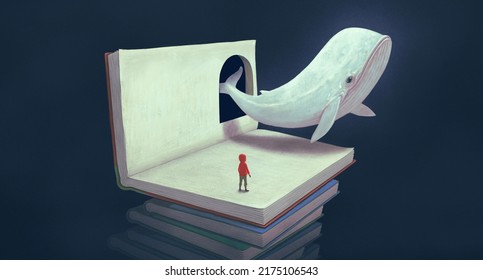 Concept Art Of Book ,education, Imagination, Fantasy Painting, Surreal Artwork, Happiness Of Child , Conceptual 3d Illustration, A Kid With A Floating Whale