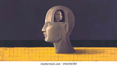 Concept Art Of Brain Thinking Psychology Success And Mind , Surreal Painting, Conceptual 3d Illustration, Portrait Artwork