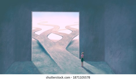 Concept art of  choice success hope dream way business and ambition , surreal landscape painting,  woman with floating road , imagination artwork, conceptual illustration, mystery scenery