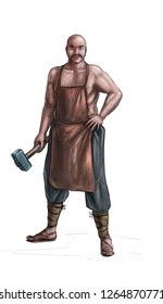 Concept Art Digital Painting Or Illustration Of Fantasy Smith Or Blacksmith Holding Hammer.