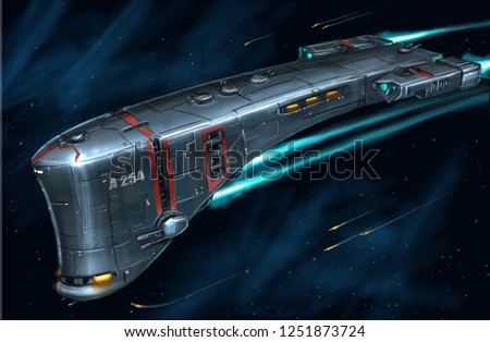 Concept art digital painting or illustration of movie or computer game style of sci-fi or science fiction spaceship in space.