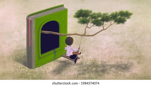 Concept art education, imagination, fantasy painting, surreal artwork, happiness of child , conceptual 3d illustration, A boy with the tree from the book