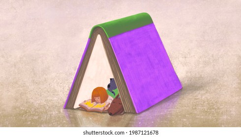 Concept Art Of Education, Imagination, Fantasy Painting, Surreal Artwork, Happiness Of Child , Conceptual Illustration, A Girl Reading A Book With A Dog And A Cat 