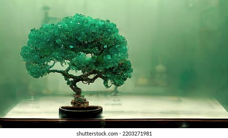 Concept Art Of An Emerald Pine Bonsai Tree On A Table, Opened In The Shape Of A Fan. 3D Rendering Image