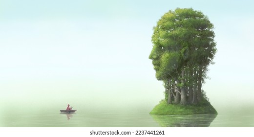 Concept art of environment, life, nature, spiritual, ecology, brain, mental health, tranquility, calm, peaceful and hope. Conceptual artwork. surreal landscape painting. The forest of human head. - Powered by Shutterstock