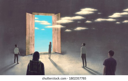 	
Concept Art Of Freedom Life Dream Success And Hope Concept , Ambition Idea Artwork, Surreal Painting Group Of People With Sky In A Fantasy Door , Conceptual Illustration