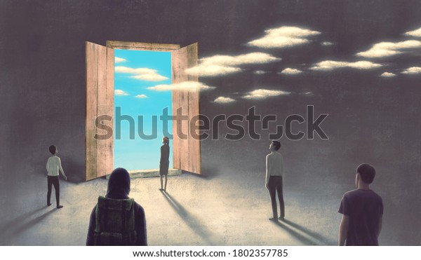 	\
Concept art of freedom\
life dream success and hope concept , ambition idea artwork,\
surreal painting group of people with sky in a fantasy door ,\
conceptual\
illustration