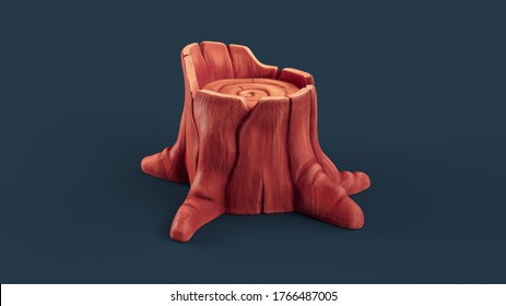 Concept art funny cartoon stump. Nice magic big brown old tree stump with roots. Cute illustration of a nature object. Element environment. Stylized forest clip art. 3d rendering on blue background.