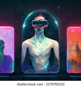 Concept Art Of A Futuristic Man Living Inside Dome Made Of Glass Glowing Connected To The Metaverse, Oculus, Glasses, Living In Virtual Digital Reality Cyberspace, Mental Images Gadget