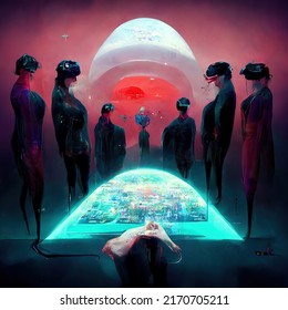 Concept Art Of A Futuristic Meeting Around A Technological Glowing Table Connected To The Metaverse, Oculus, Glasses, Living In Virtual Digital Reality Cyberspace, Mental Images Above Head