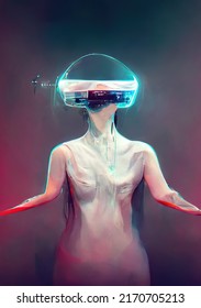 A Concept Art Of A Futuristic Woman Wearing A Technological Headset Glowing Connected To The Metaverse, Oculus, Glasses, Living In Virtual Digital Reality Cyberspace