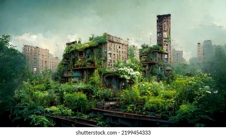 Concept art illustration of abandoned postapocalyptic city overgrown with lush vegetation