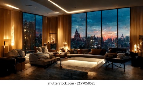 Concept Art Illustration Of Apartment Living Room Interior In New York City