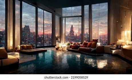 Concept Art Illustration Of Apartment Living Room Interior In New York City