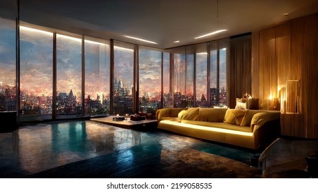 Concept Art Illustration Of Apartment Living Room Interior In New York City