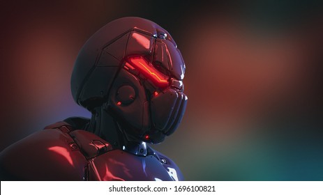 Concept art of male futuristic cyborg with modern helmet, metal armor. Science fiction character. Cyberpunk robot man soldier concept with red luminous eyes. Cyber technology. 3d render with drawing